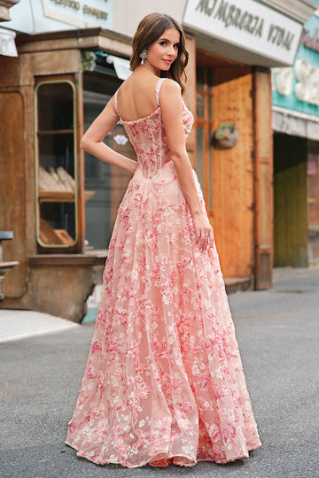 Pink Off The Shoulder A-Line Corset 3D Butterflies Floral Ball Dress with Slit